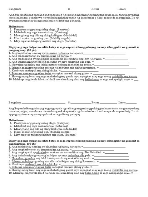 eupemistikong pahayag worksheet|Eupemistikong pahayag, Filipino Flashcards .